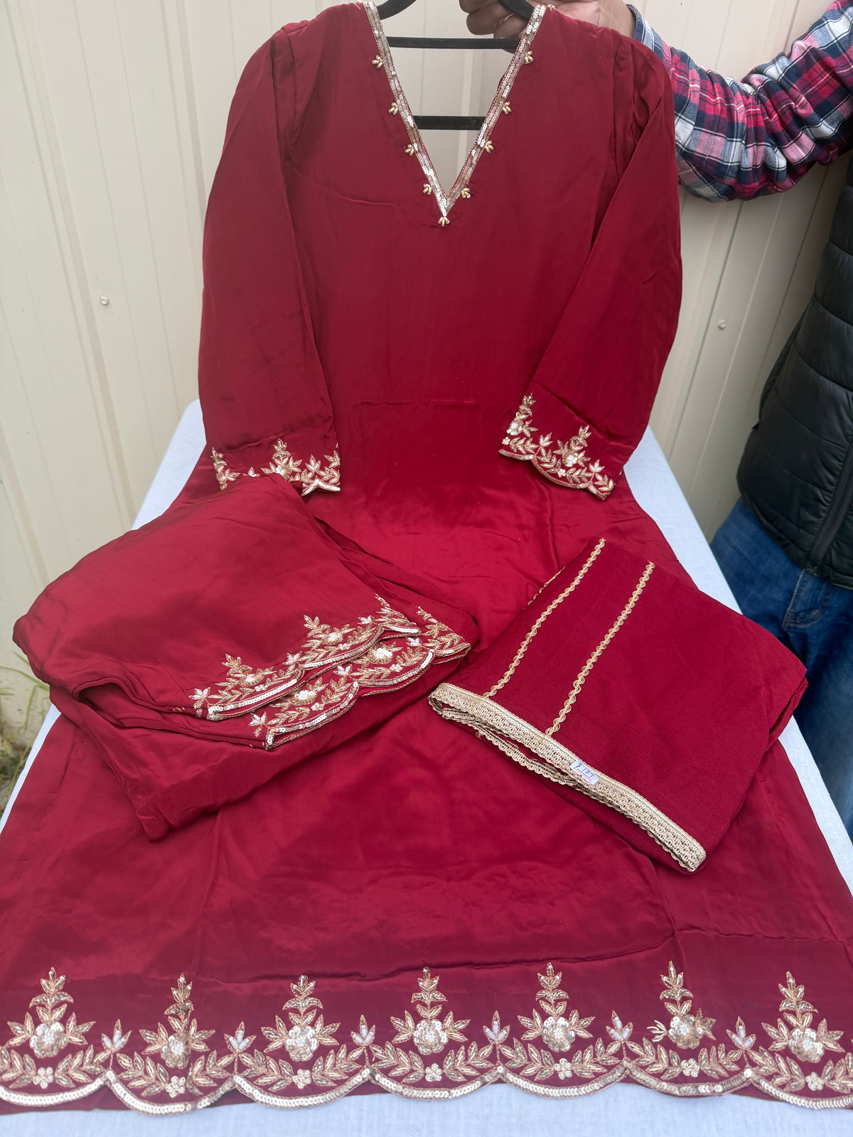 Designer hand embroidered mehroon suit