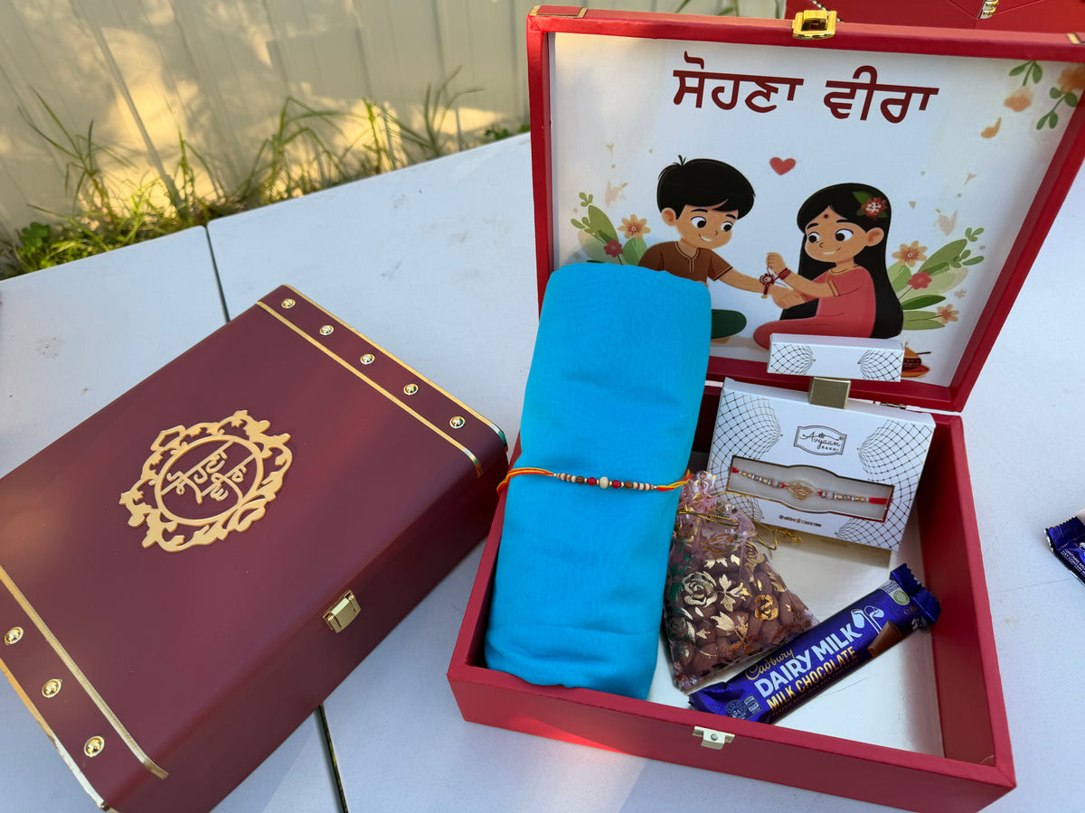 Sohna Veera Large Hamper box with Stich Turban , Nuts & 2 Rakhies