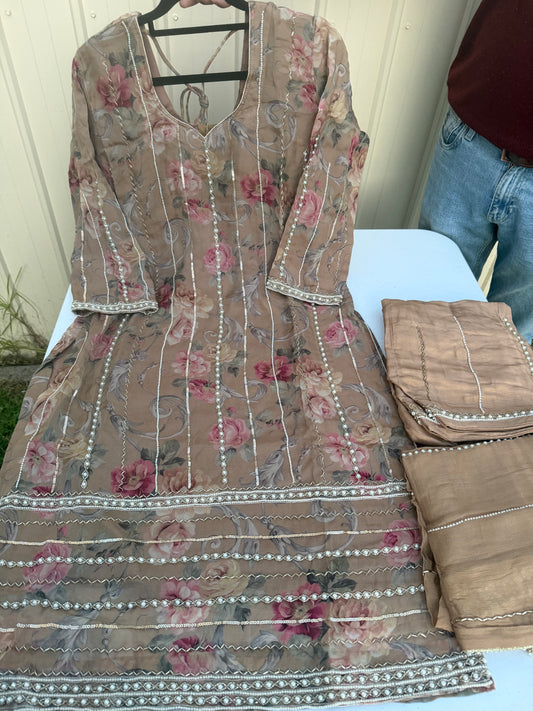 Golden colour hand embroidered pearl work suit