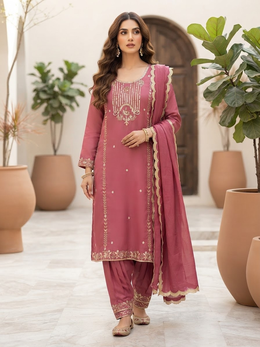 Beautiful pastel colour hand-embroidered suit