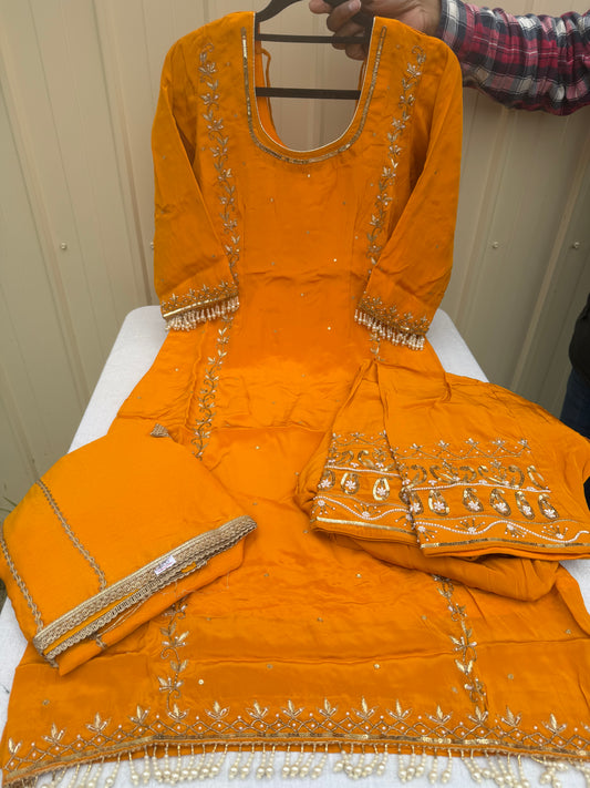 Musturd hand embroidered suit
