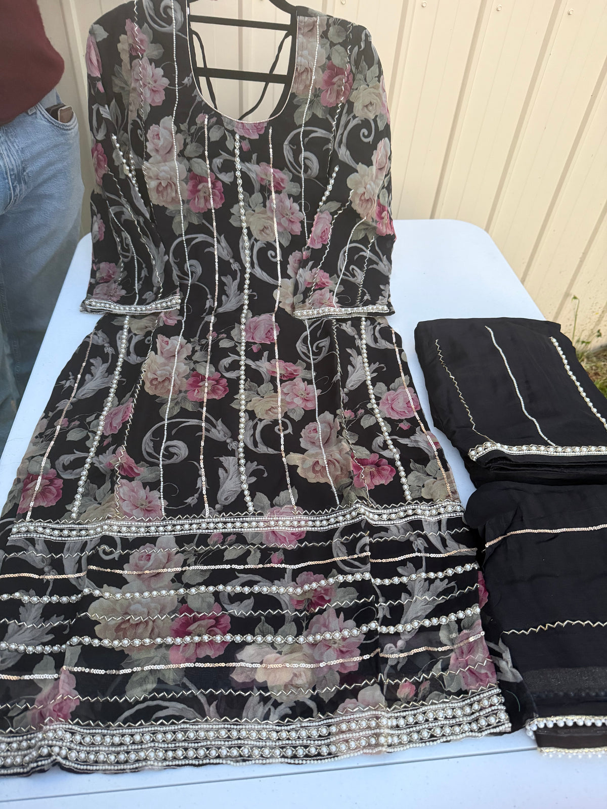 Black pearl hand embroidered suit