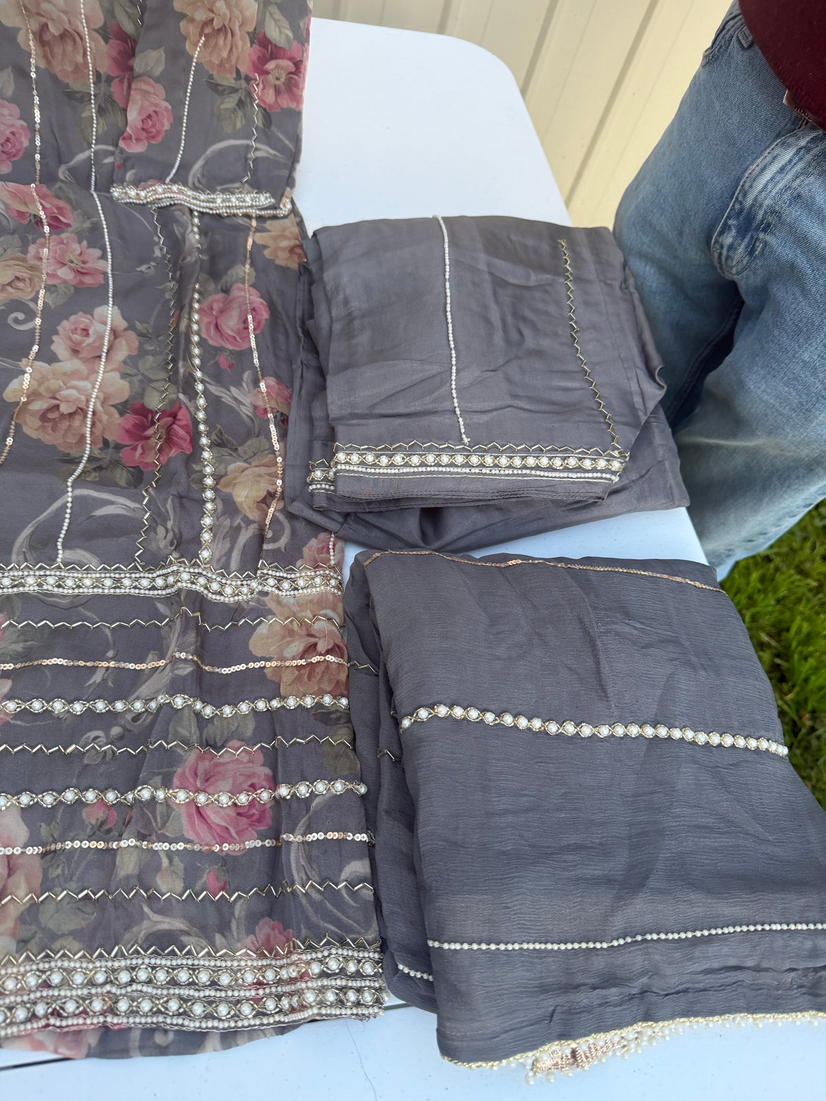 Grey colour pearl work suit