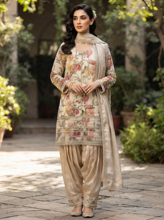 Off white Pearl work Hand embroidered suit