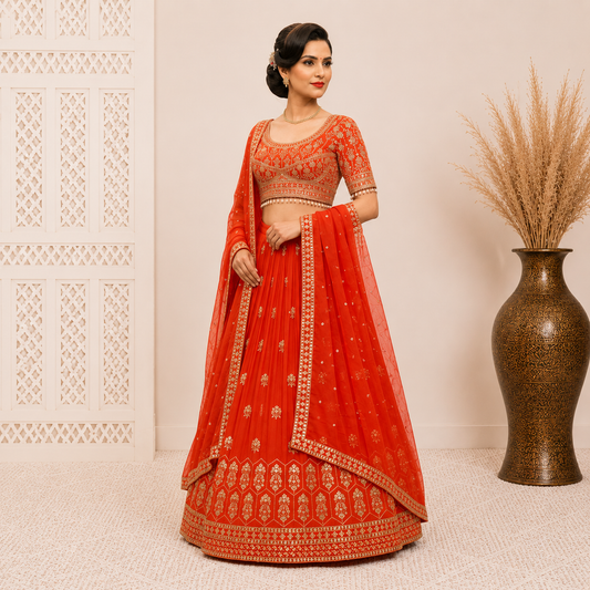Designer Orange Bridal Lehenga Choli Set