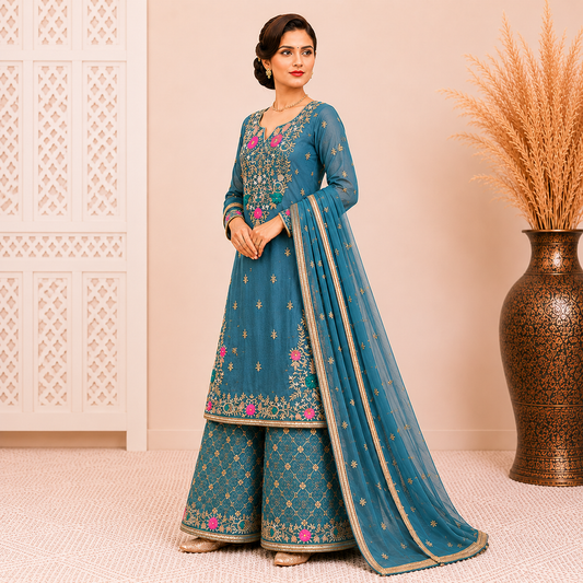 Elegant Teal Blue Embroidered Kurta Sharara Set