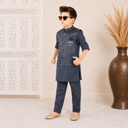 Navy Blue Kurta Pajama Set with Designer Waistcoat