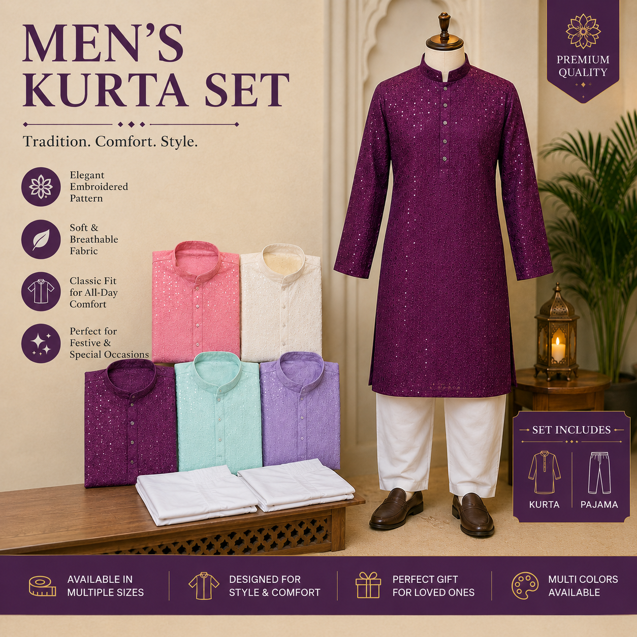 Men’s Lakhnavi Work Kurta Pajama