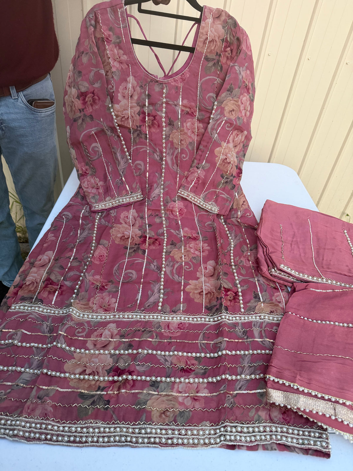 Blush pink hand embroidered suit