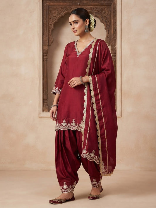 Designer hand embroidered mehroon suit