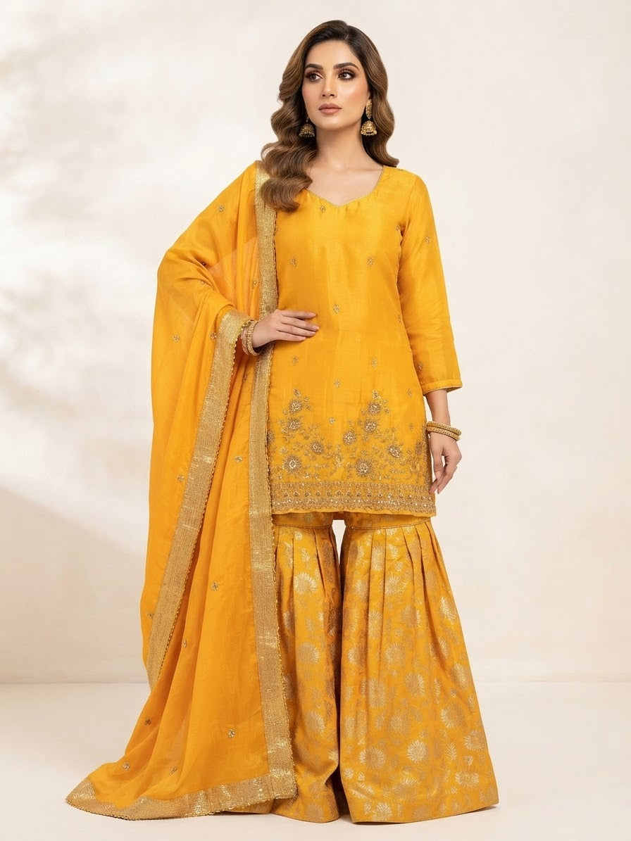 Yellow suit with Brocade sharara❤️