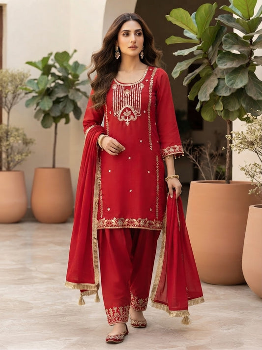 Red hand embroidered Salwar suit