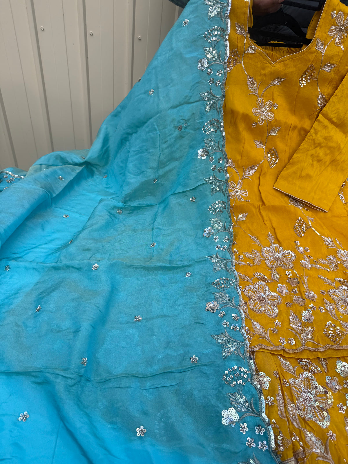 Stunning Yellow Sharara suit with contrast Firoji dupata 🛍️