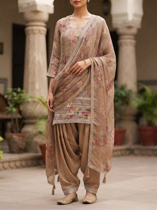 Golden colour hand embroidered pearl work suit