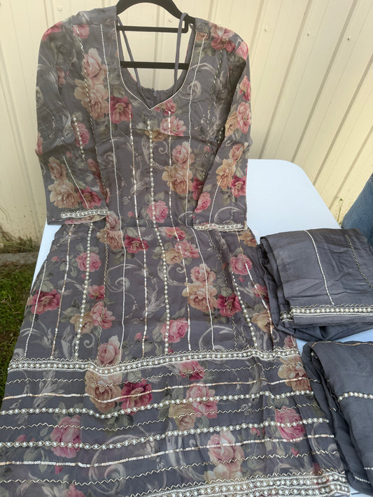 Grey colour pearl work suit