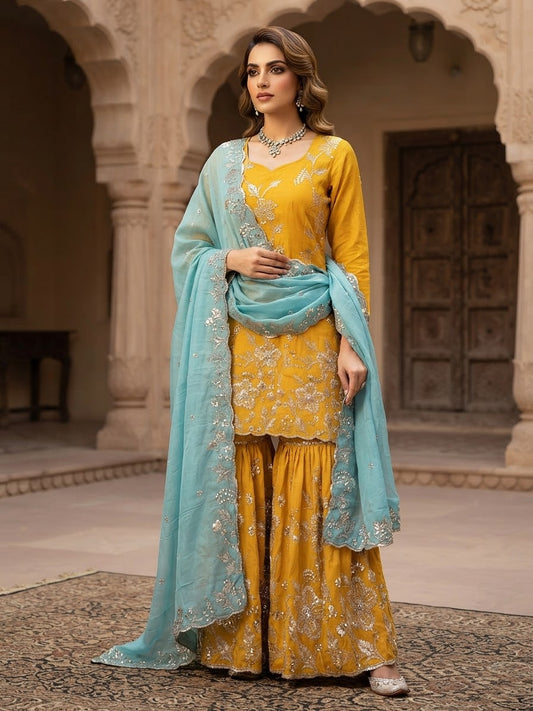 Stunning Yellow Sharara suit with contrast Firoji dupata 🛍️