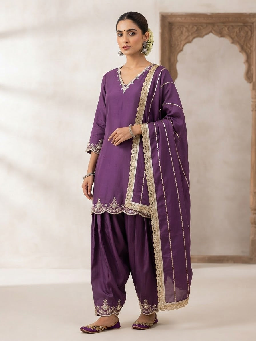Lavender girlish look hand embroidered suit
