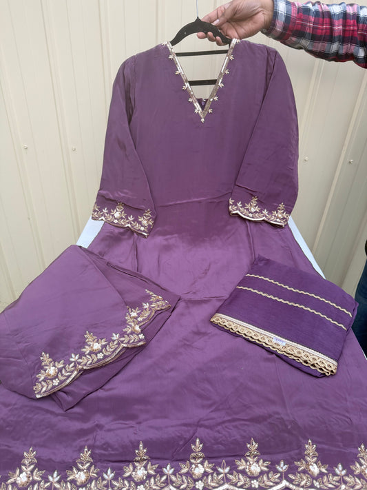 Lavender girlish look hand embroidered suit