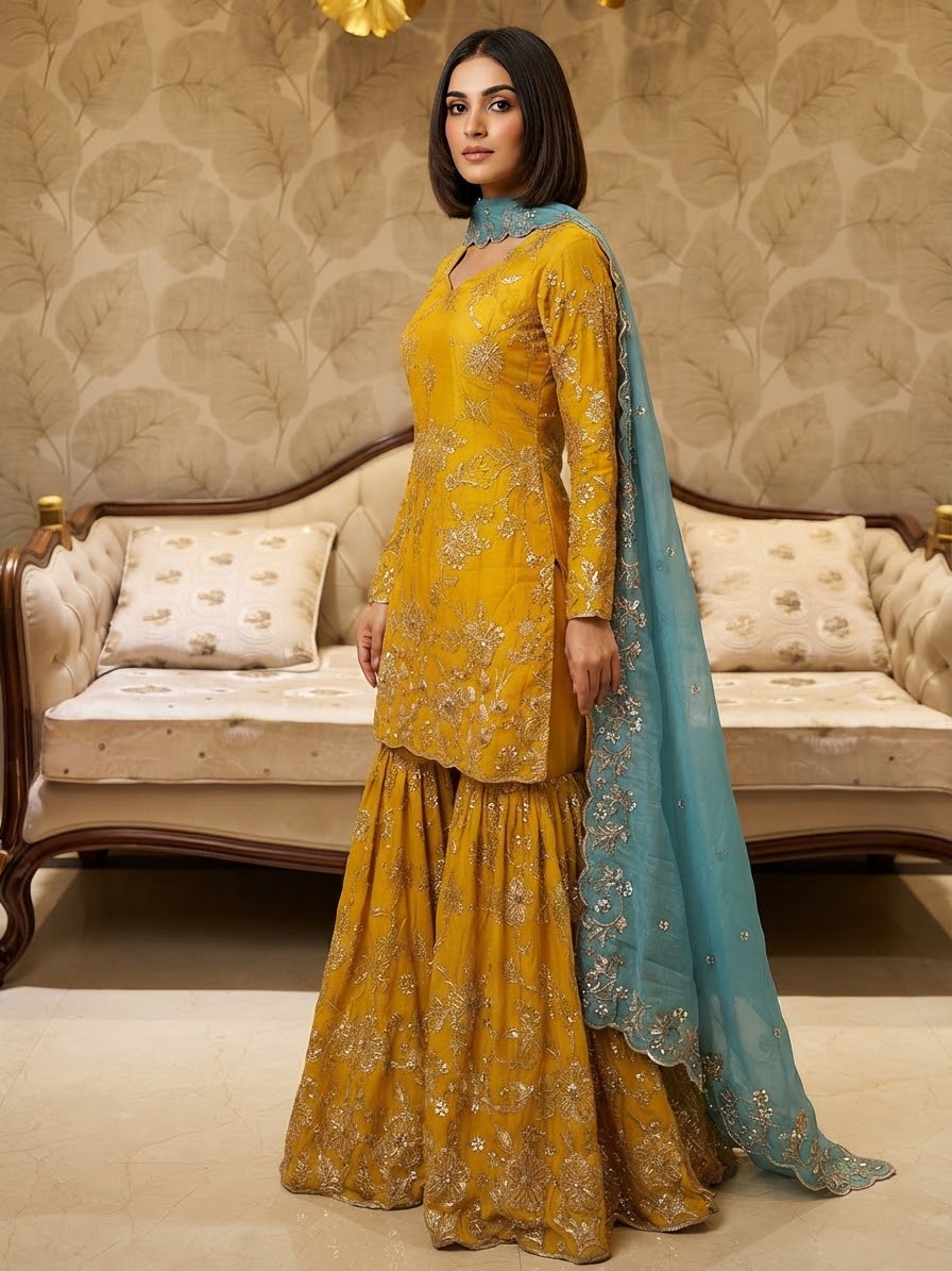 Stunning Yellow Sharara suit with contrast Firoji dupata 🛍️