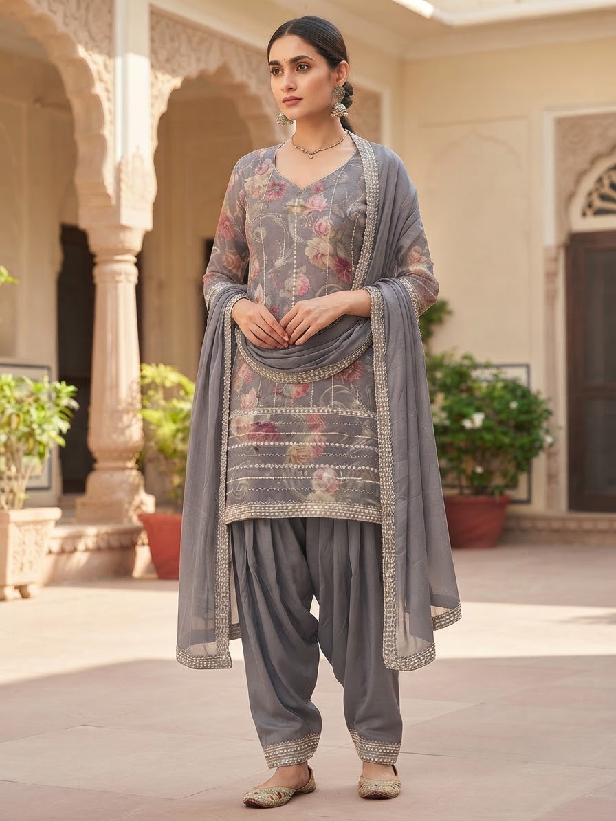 Grey colour pearl work suit