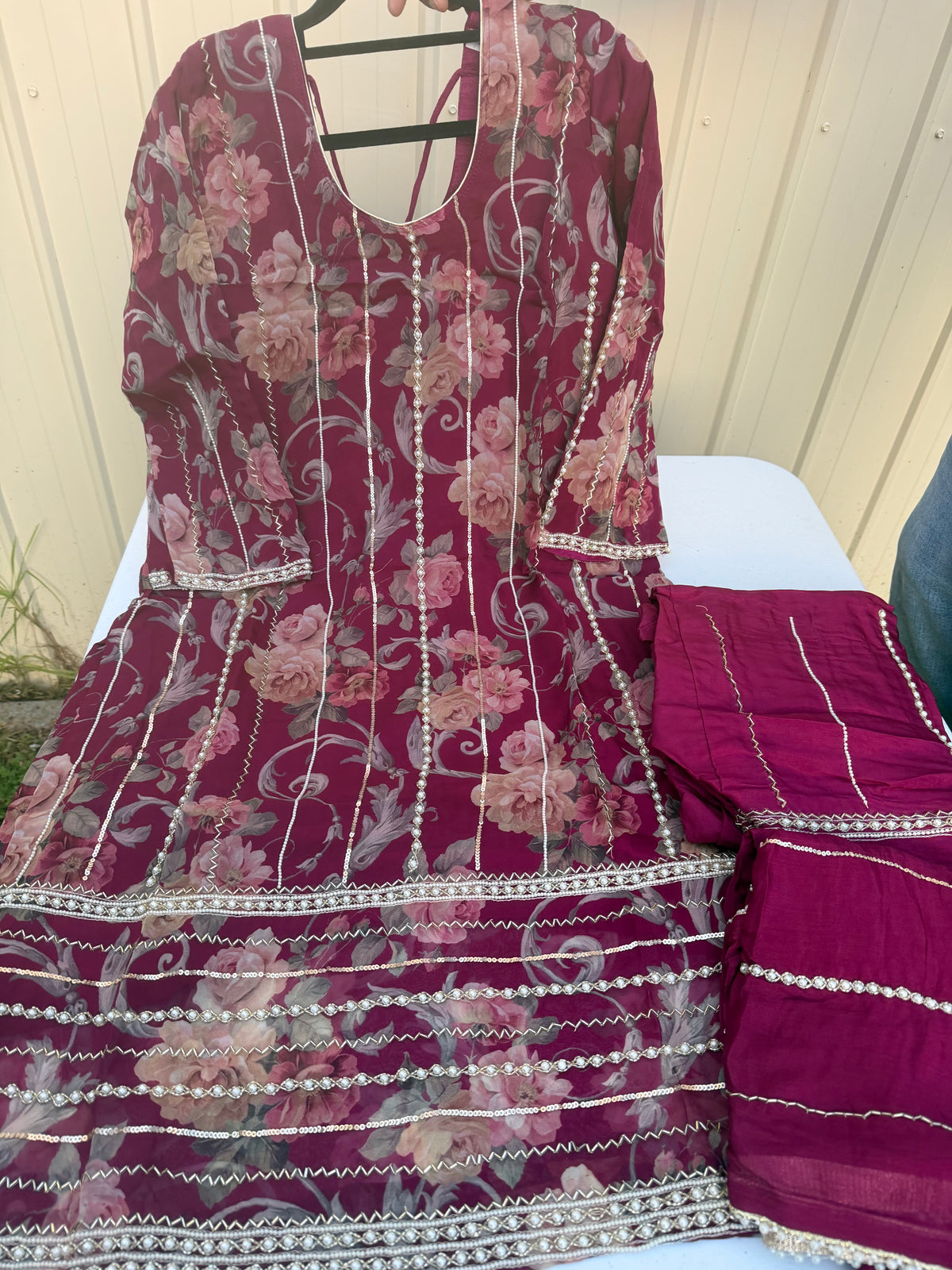 Hand embroidered pearl work suit