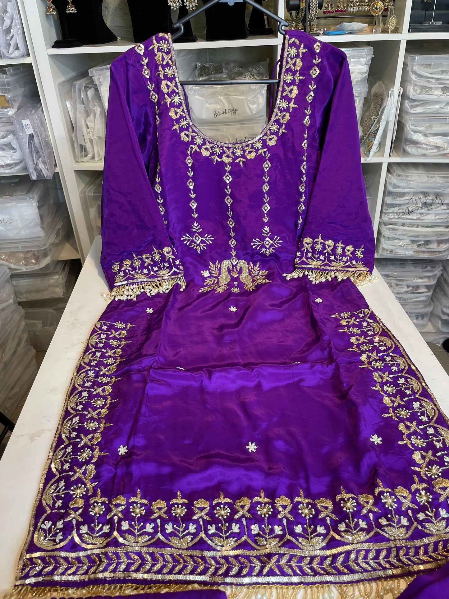 Hand embroidered purple suit with bottom work