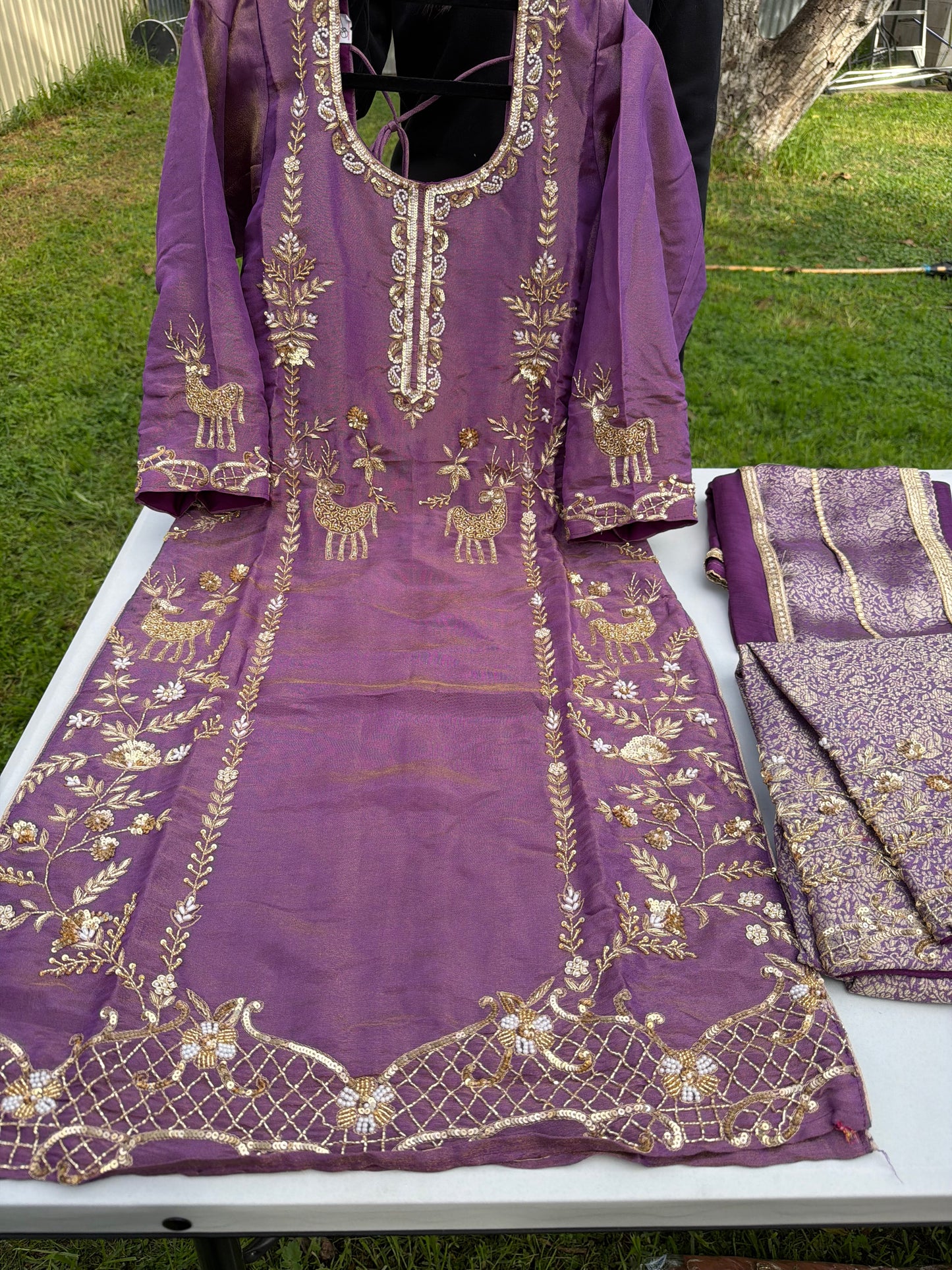 Fully Hand embroidered Shimmer fabric Shirt with Brocade Salwar