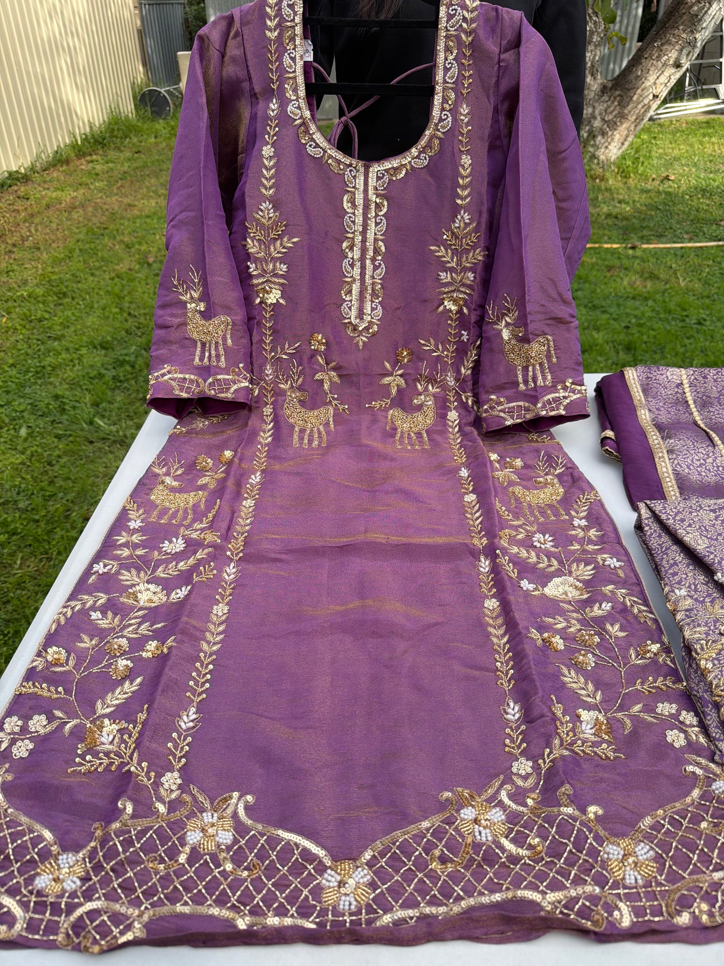 Fully Hand embroidered Shimmer fabric Shirt with Brocade Salwar