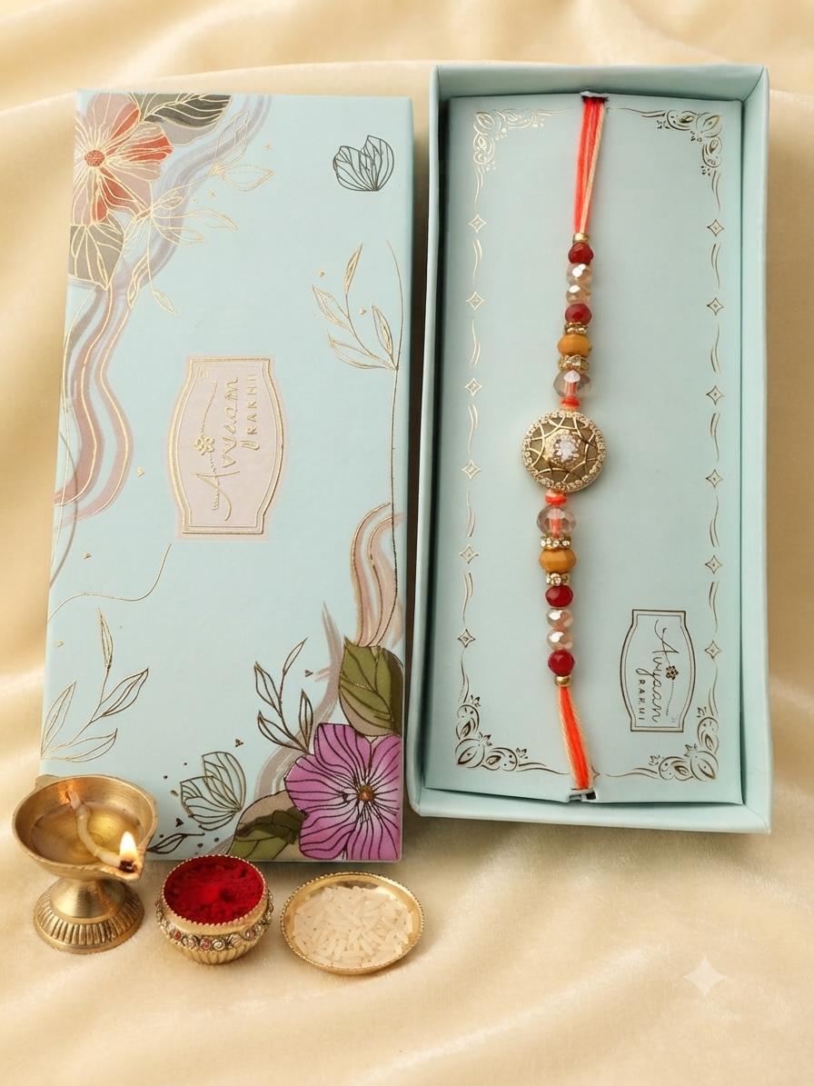 AD rakhi with Rudhraksh Beads