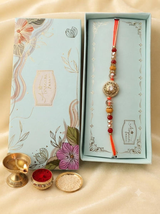 AD rakhi with Rudhraksh Beads