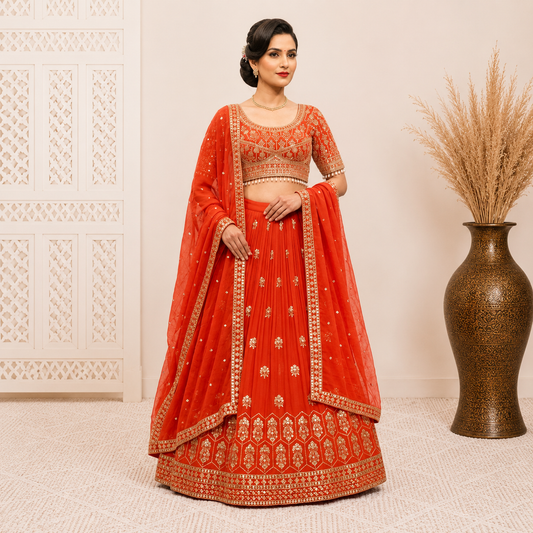 Designer Orange Bridal Lehenga Choli Set
