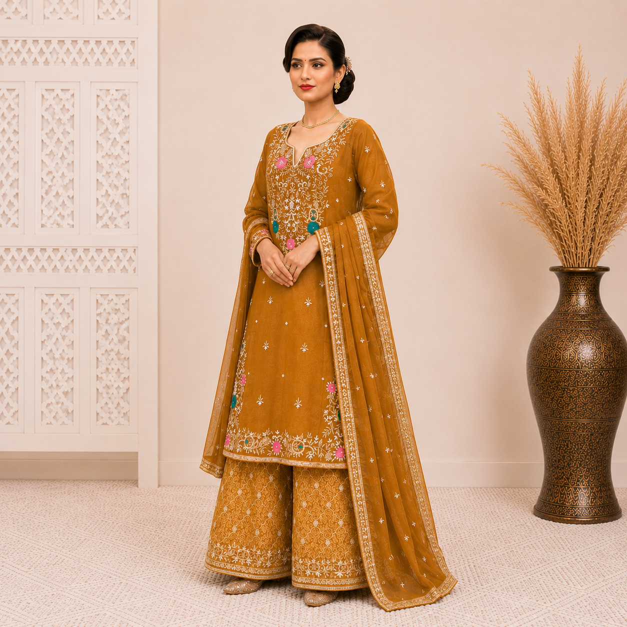 Elegant Mustard Embroidered Kurta Sharara Set