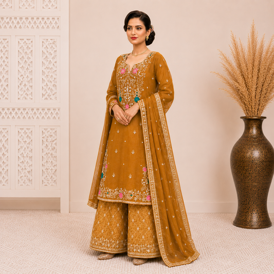 Elegant Mustard Embroidered Kurta Sharara Set