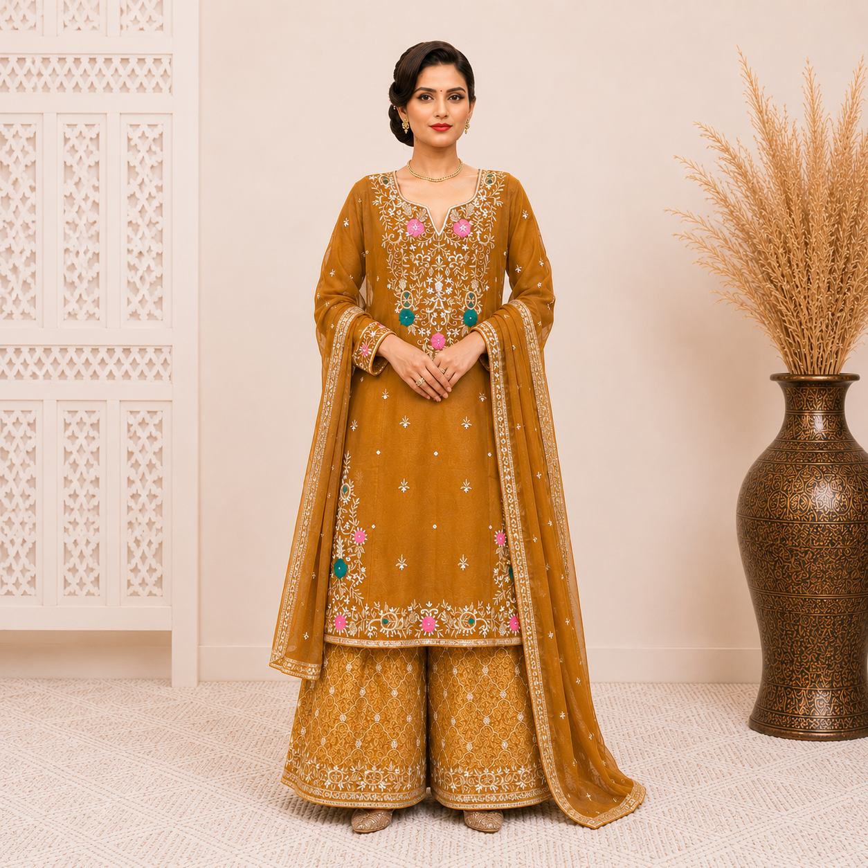 Elegant Mustard Embroidered Kurta Sharara Set