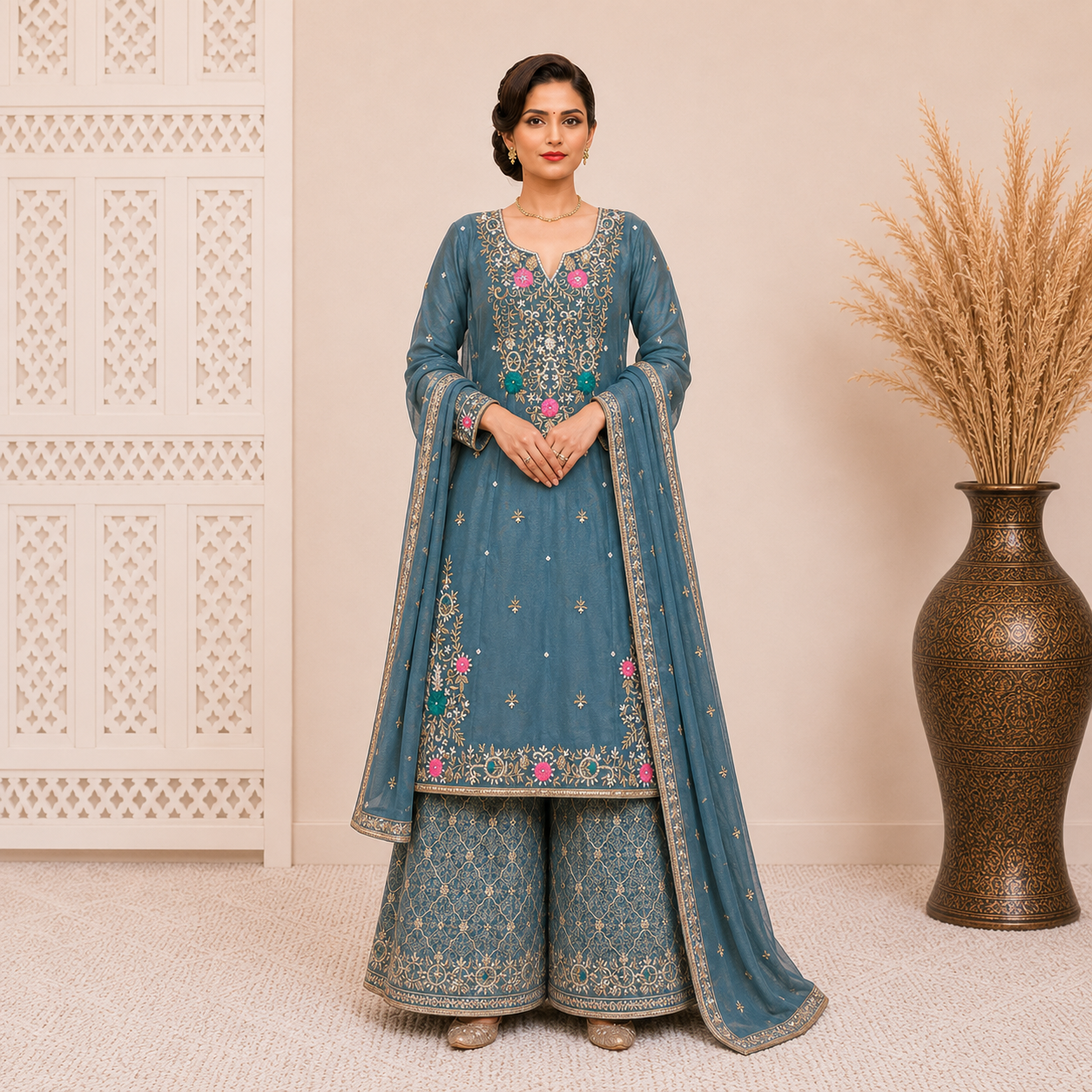 Elegant Teal Blue Embroidered Kurta Sharara Set