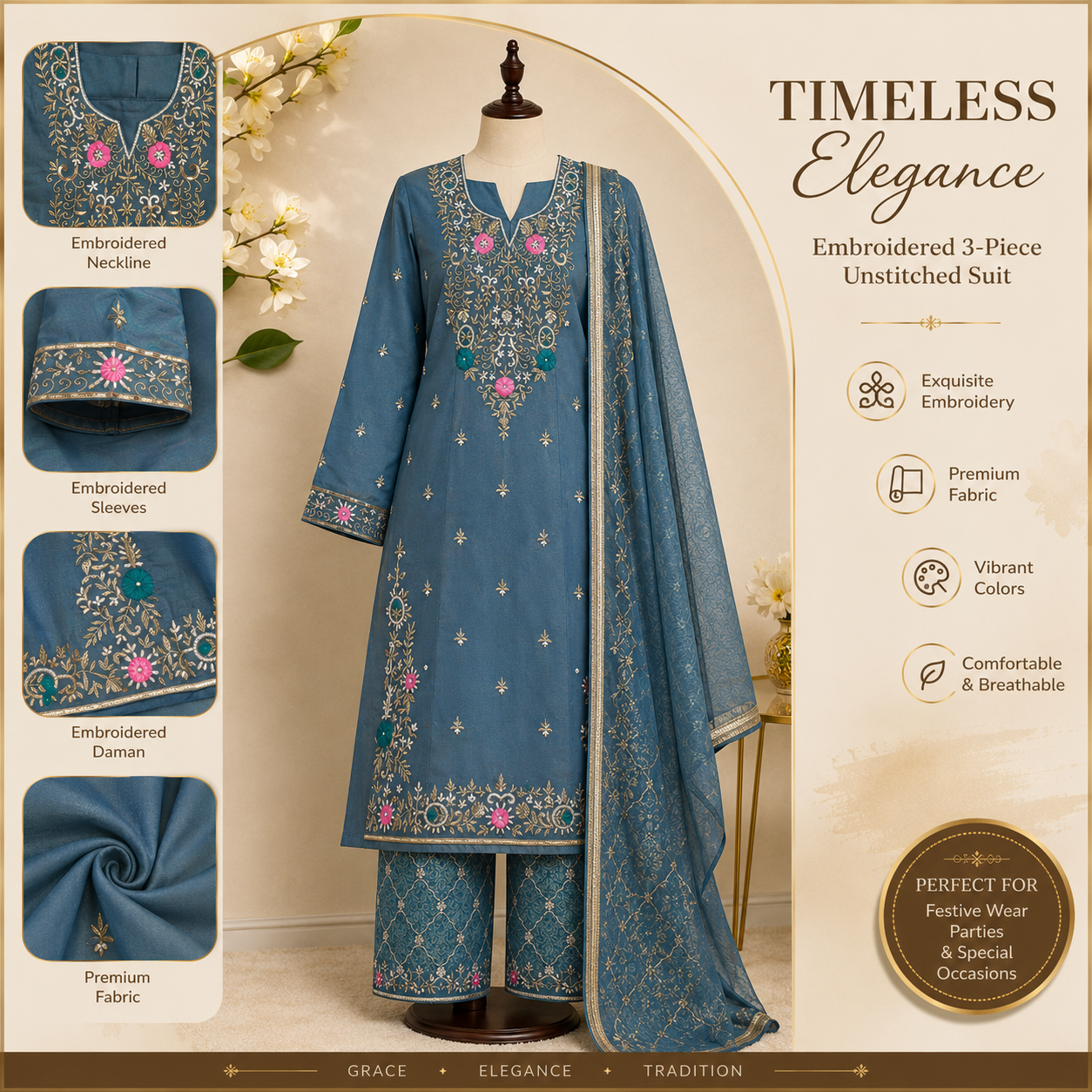 Elegant Teal Blue Embroidered Kurta Sharara Set