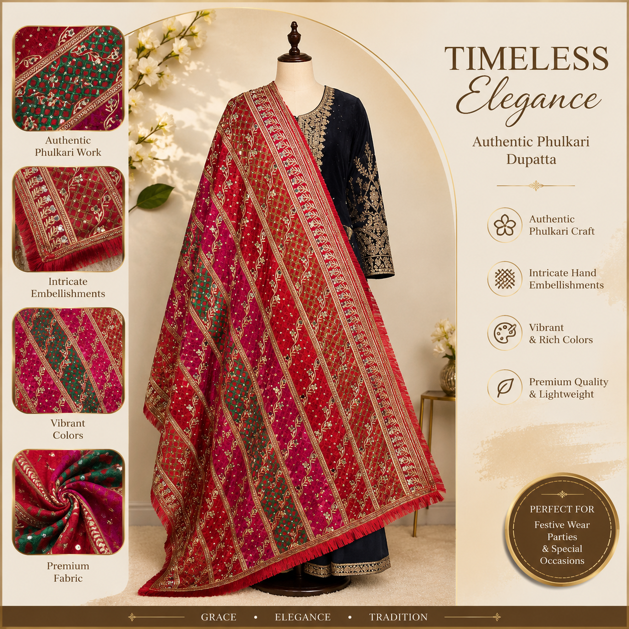 Premium Traditional Punjabi Phulkari Dupatta