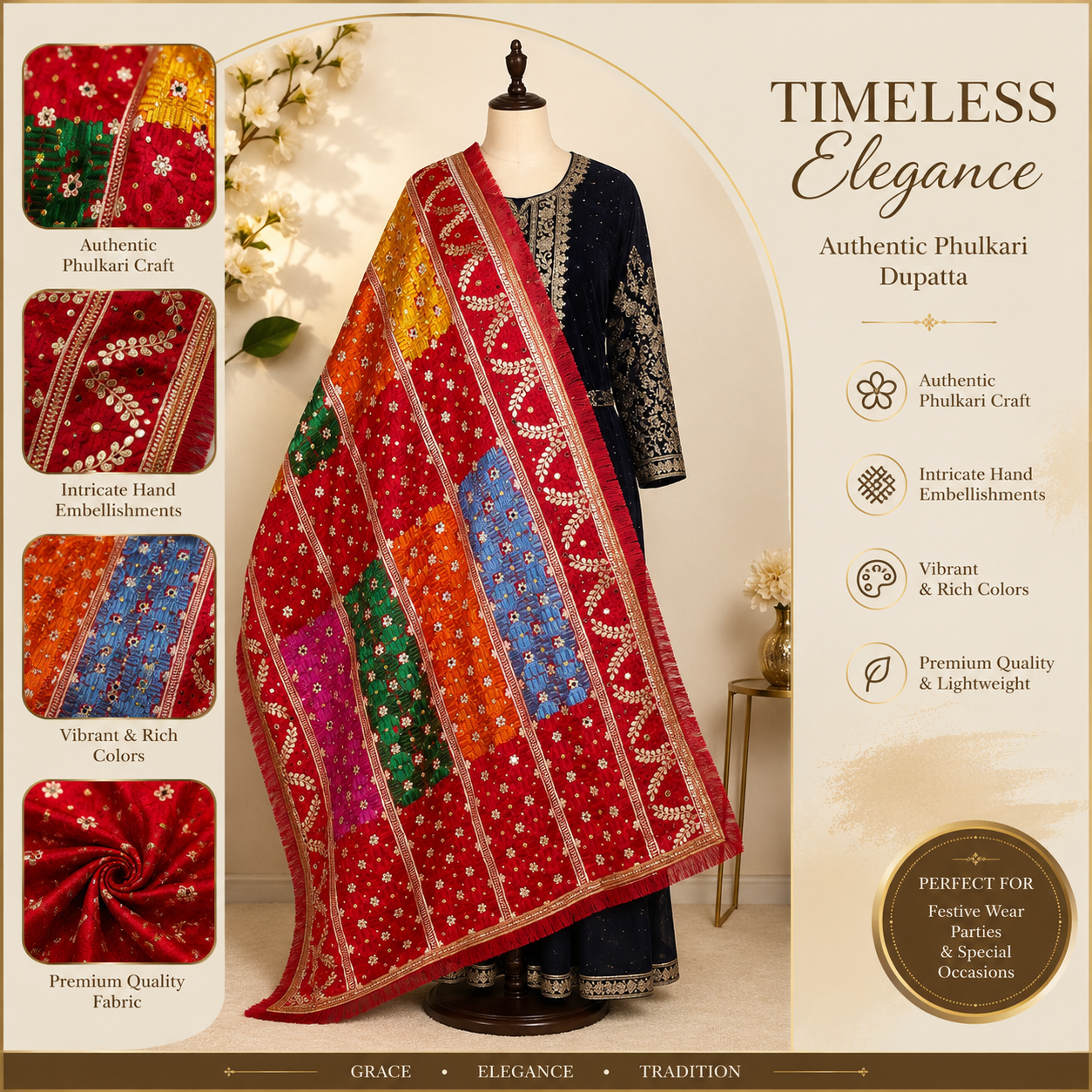 Designer Multicolor Punjabi Phulkari Dupatta