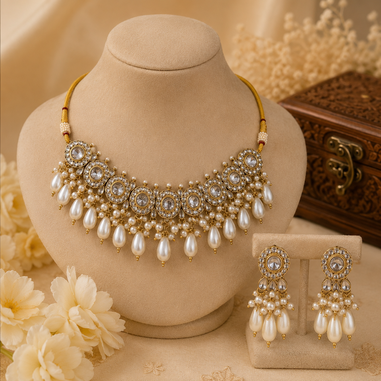 Premium Pearl Kundan Necklace Set