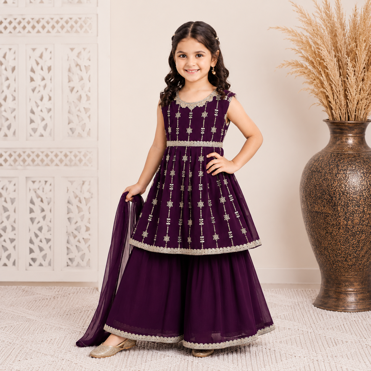 Premium Purple Girls Sharara Suit Set
