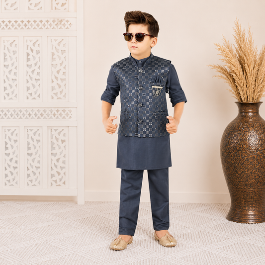 Navy Blue Kurta Pajama Set with Designer Waistcoat
