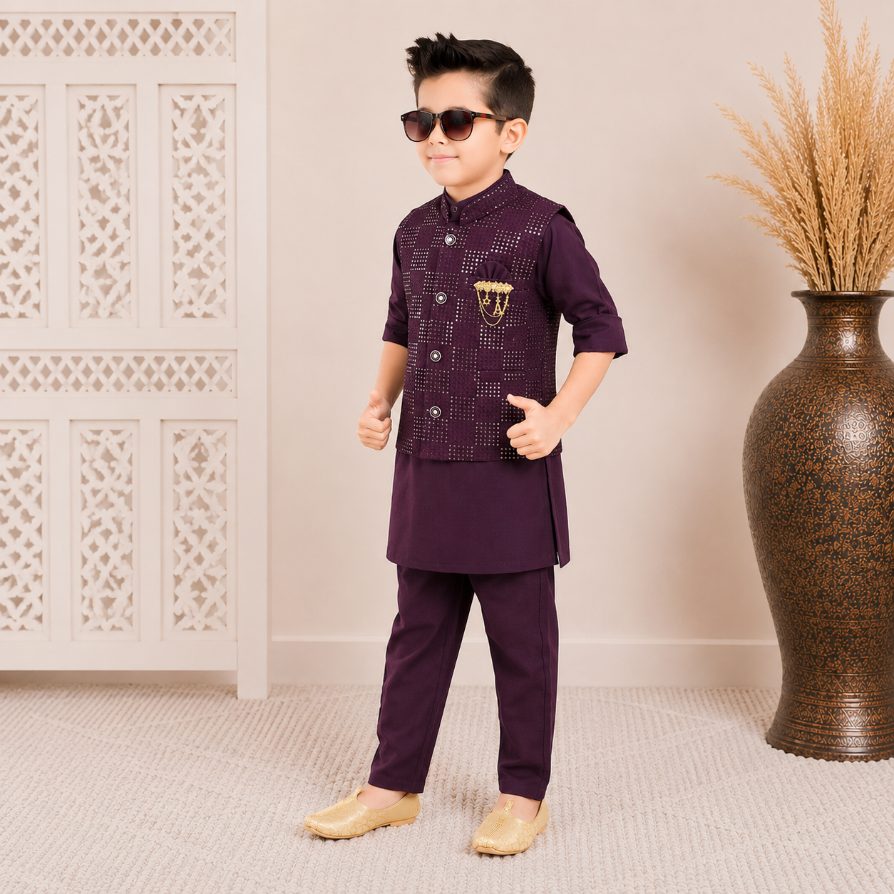 Purple Kurta Pajama Set with Designer Waistcoat