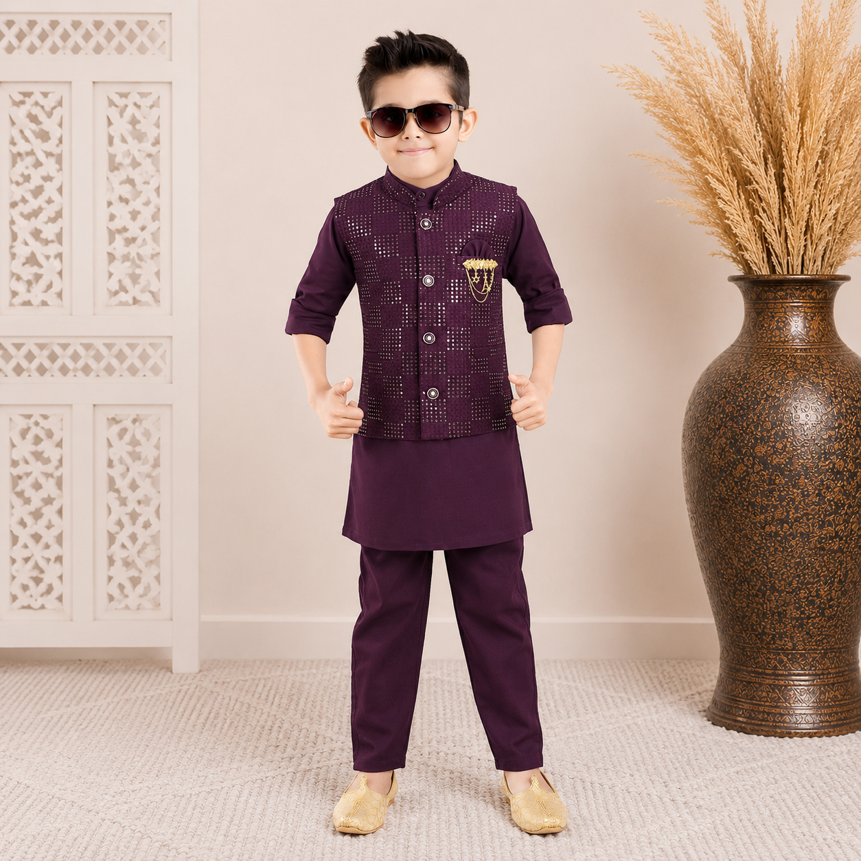 Purple Kurta Pajama Set with Designer Waistcoat