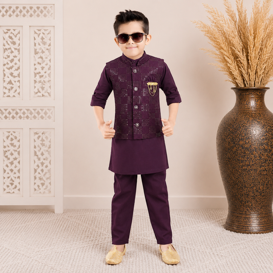 Purple Kurta Pajama Set with Designer Waistcoat